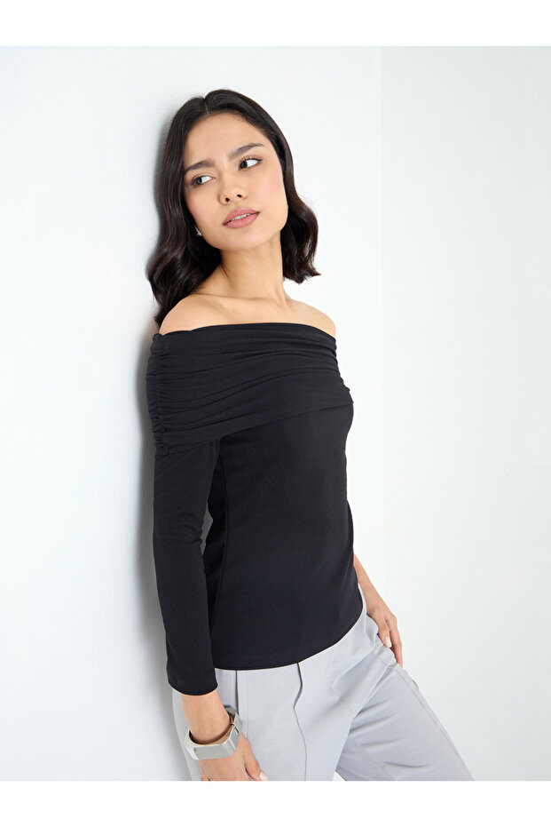 Black Off-Shoulder Textured Knit Top