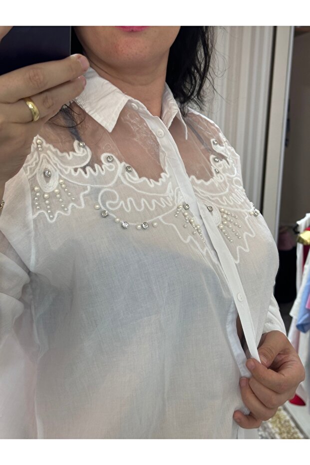 Beyaz dantelli gömlek - 2