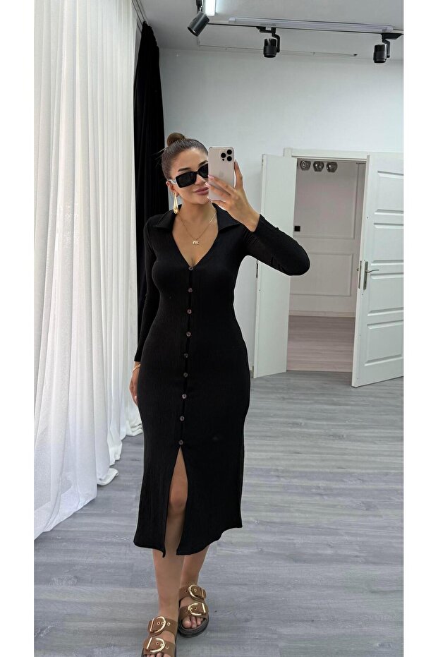 Front Buttoned Width Length Flexible Dress - 4