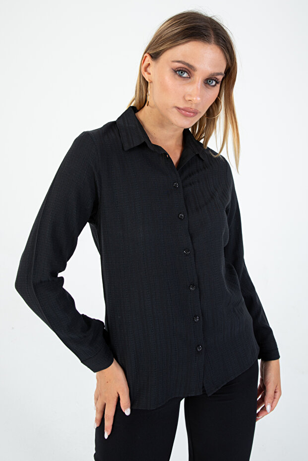 Women's Black Jacquard Textured Woven Shirt – Chic to Plus Size 5XL