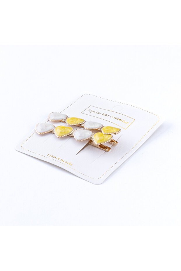 Set of Hair Clips with Heart, Yellow-White