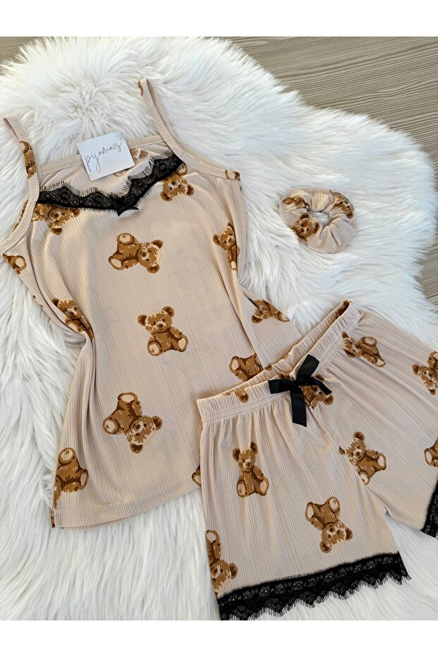Ekru Ayıcık Desenli Şortlu Pegasus Pijama Takımı - 6