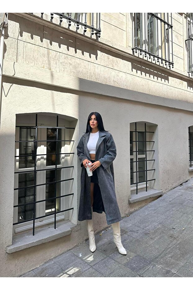 معطف صوف أنثراسيت كبير الحجم بزر واحد - 7