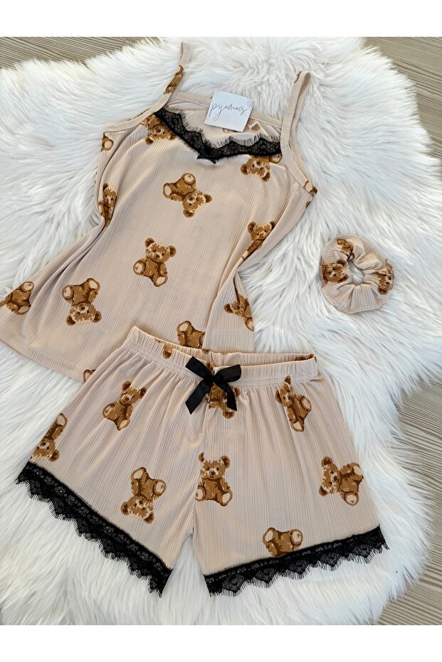 Ekru Ayıcık Desenli Şortlu Pegasus Pijama Takımı - 7
