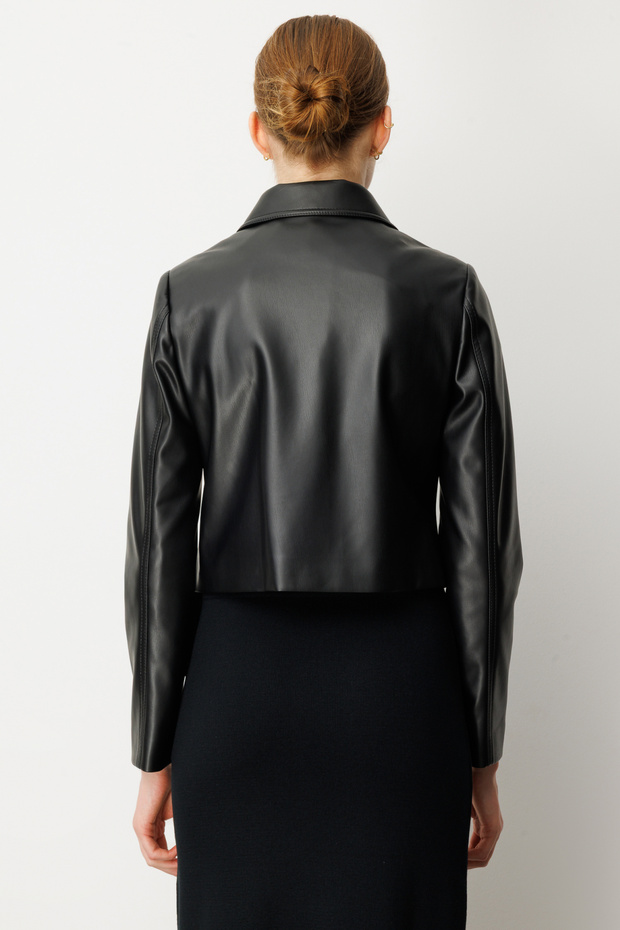 Çıtçıtlı Deri Crop Ceket - 5