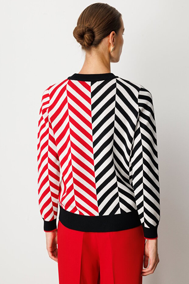 Zigzag Patterned Crew Neck Knit Sweater-65308 - 4