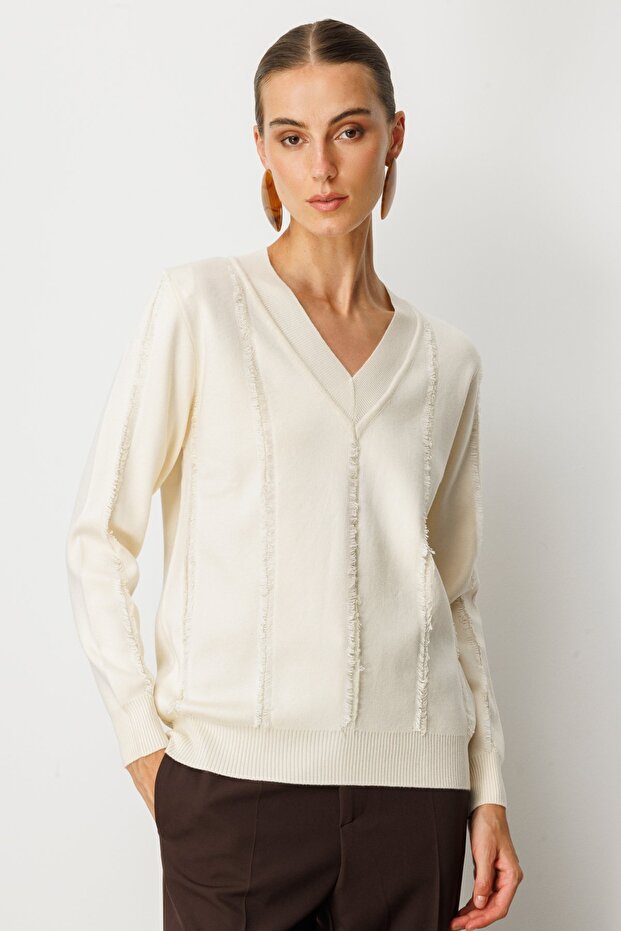 Yaka Şerit Kırçıllı Triko Kazak - 2