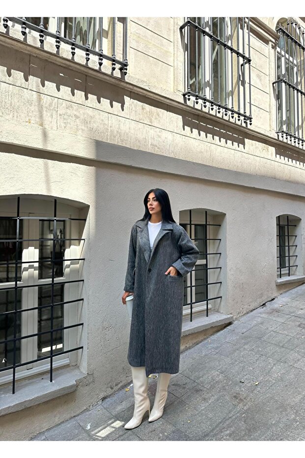معطف صوف أنثراسيت كبير الحجم بزر واحد - 3