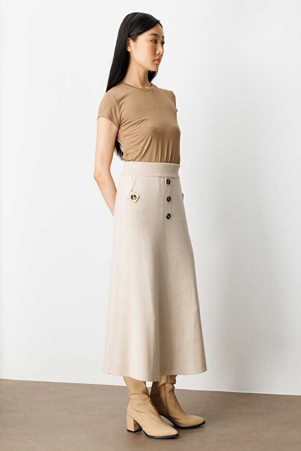 Düğmeli Triko Etek - 3