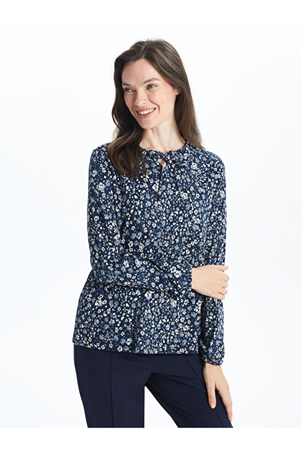 Navy Blue Lace-Up Collar Floral Blouse