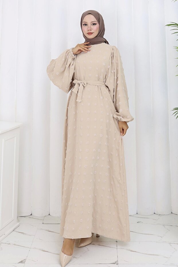 Rochie cu curea cu pompon Bej - 1