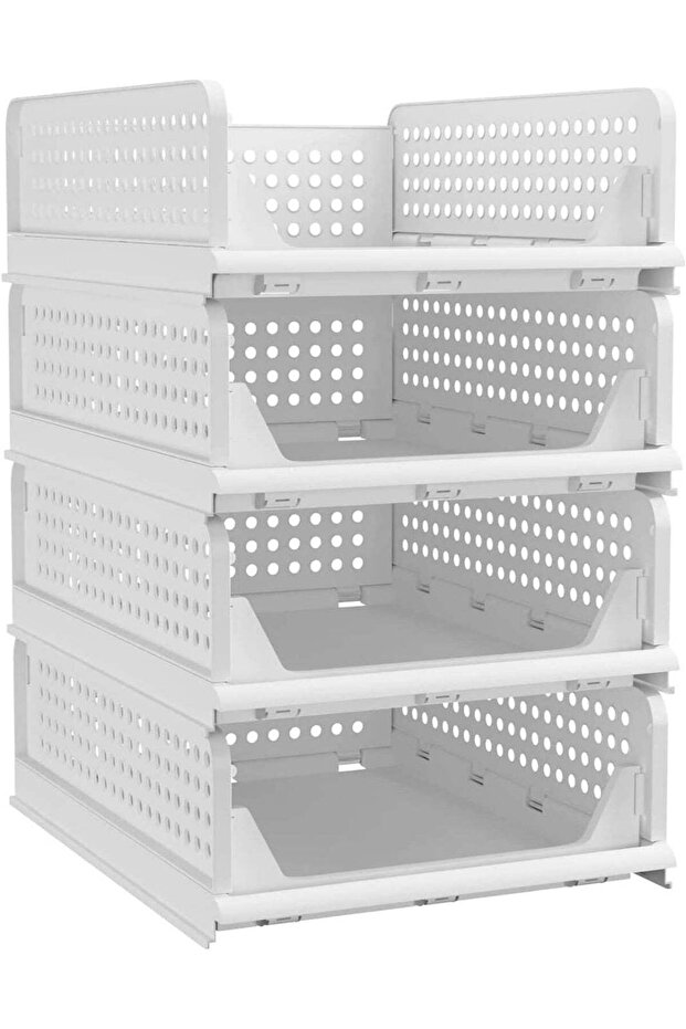 4 Pcs Stackable Plastic Storage Basket,Large Foldable Closet Organizer, Stackable Drawer,Durable and Sturdy, Saving Space,for Wardrobe Cabinet Kitchen Bathroom Office,42.5*33.5*18.5cm,White