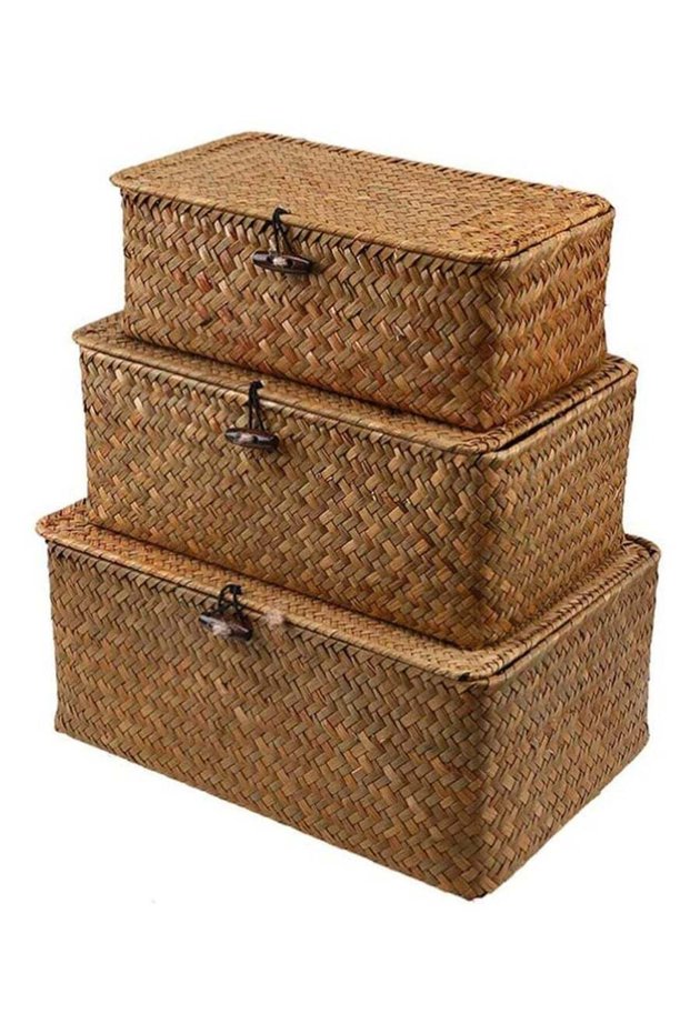 LINGWEI Set of 3 Shelf Basket with Lid for Home Decor Seagrass Storage Baskets Natural Rattan Woven Rectangular Organizer Box