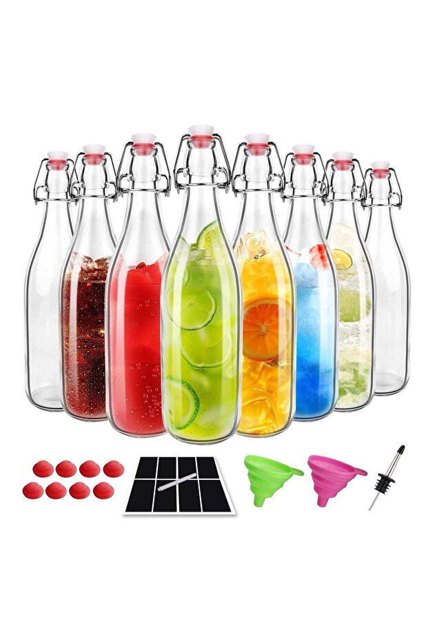 8Pack 32oz Glass Bottles with Flip-Top Lids – Reusable Airtight Beverage Storage Bottles for Juices