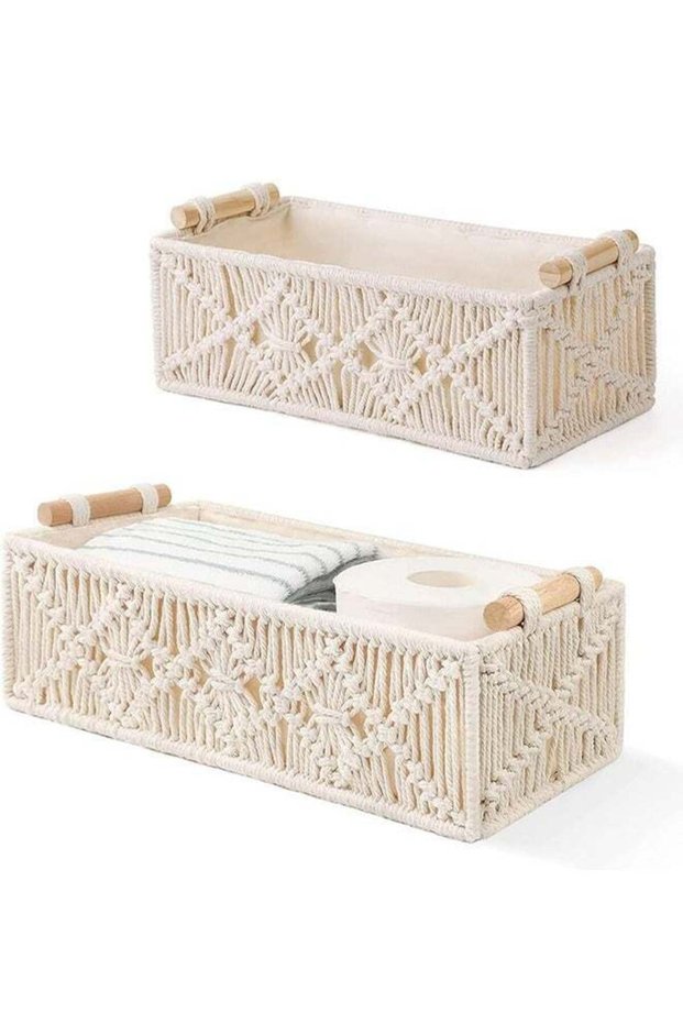 Macrame Storage Baskets, Boho Decor Box, Handmade Woven, Set of 2
