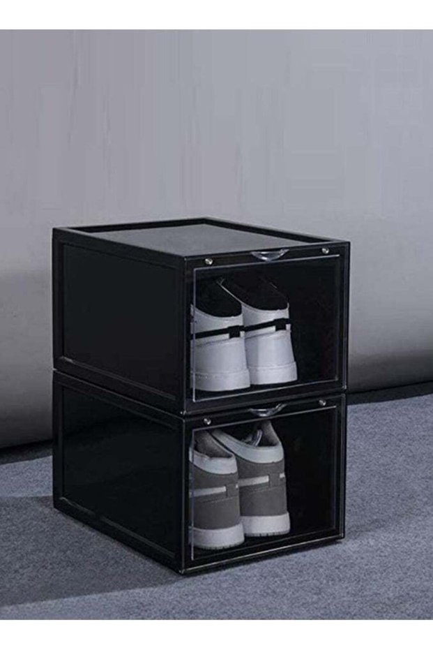Shoe Storage Box, Drop Front Stackable Shoe Box with Clear Door, Black 2pcs Set