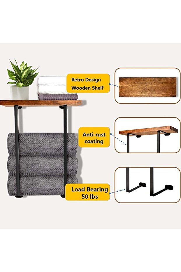 Wall Mounted Towel Rack with Wooden Shelf, Bathroom Towel Holder and Storage Organizer, Rust-Proof
