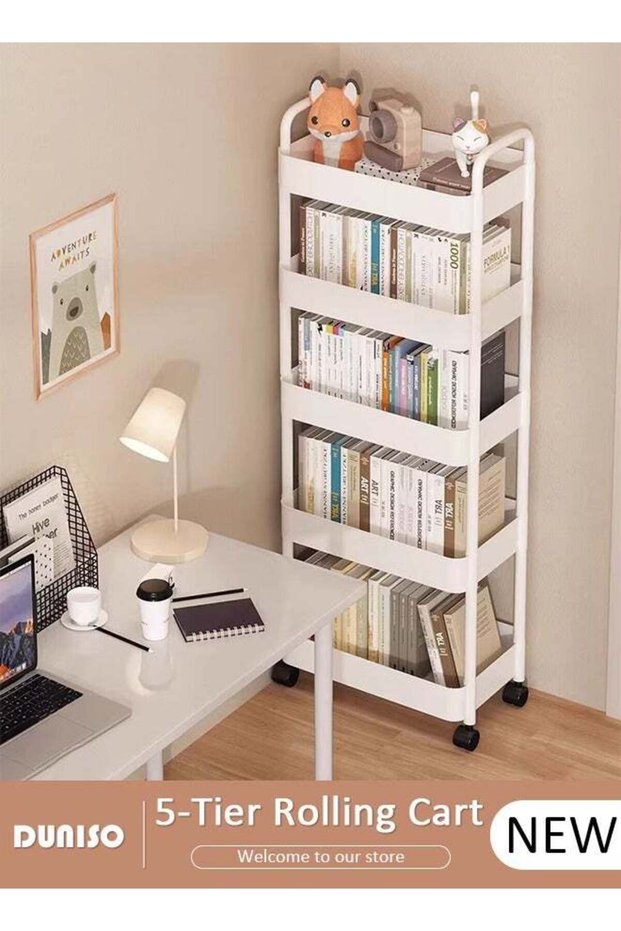 5-Tier Rolling Cart with Wheels, Rolling Storage Cart with Handle and Hook Up, Multifunction Storag