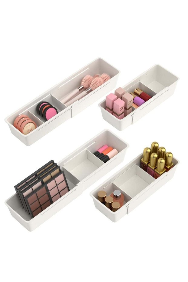 Plastic Drawer Organizers Set, 4 Pack Desk Drawer Organizer Trays with Dividers Adjustable, Expanda