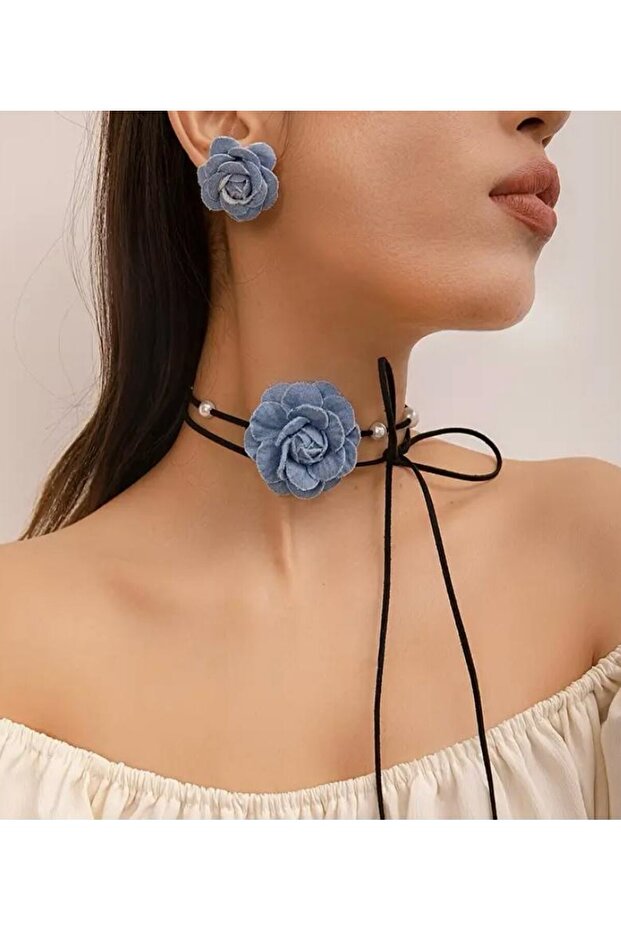 Bağcıklı Kot Kumaş Çiçek Choker Kot Gül Kolye Küpe Seti - 1