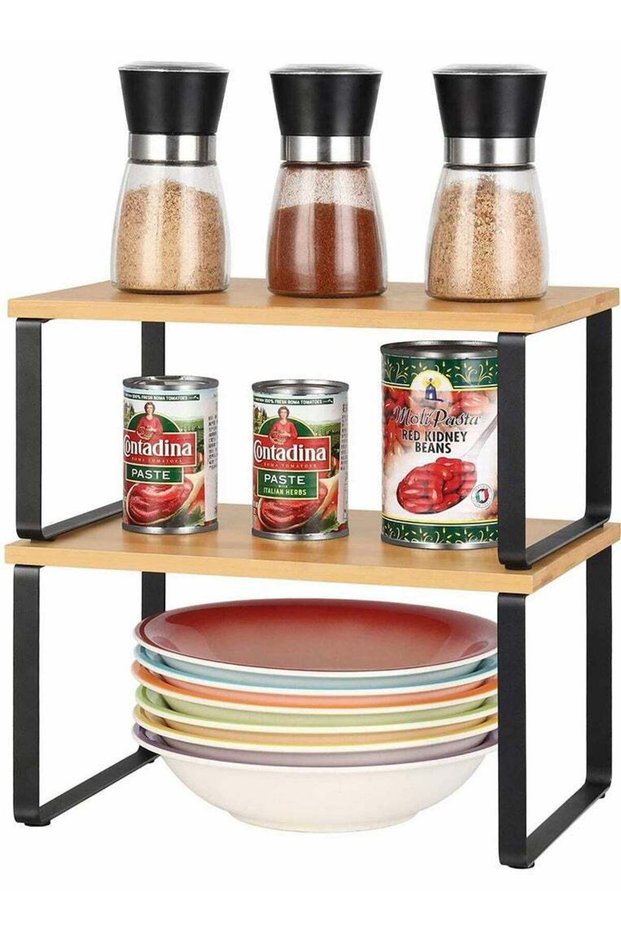 2-Pcs Counter Shelves Organizer Kitchen Stackable Expandable Cabinet Shelf - Wood Organizer Expanda