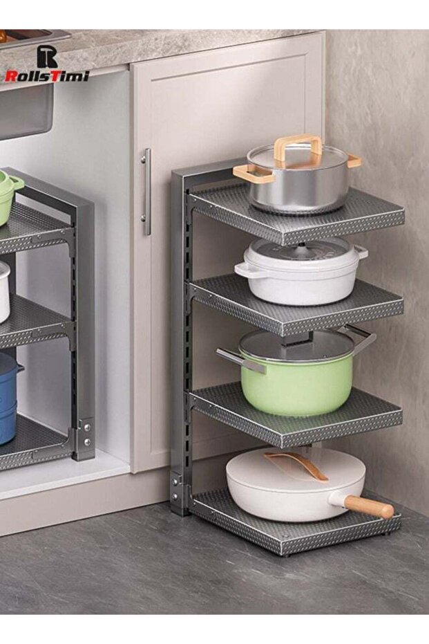 RollsTimi 4 Tier Pot Rack Organizer Pot and Pan Organizer Kitchen Storage Rack with Adjustable Div