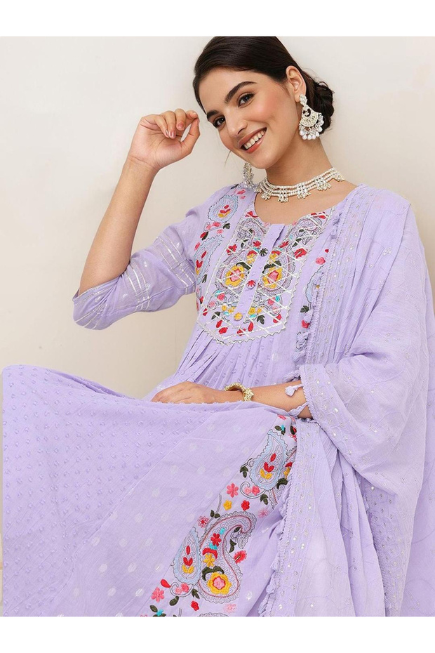 Women Lilac Cotton Kurta with Trousers and Dupatta Set