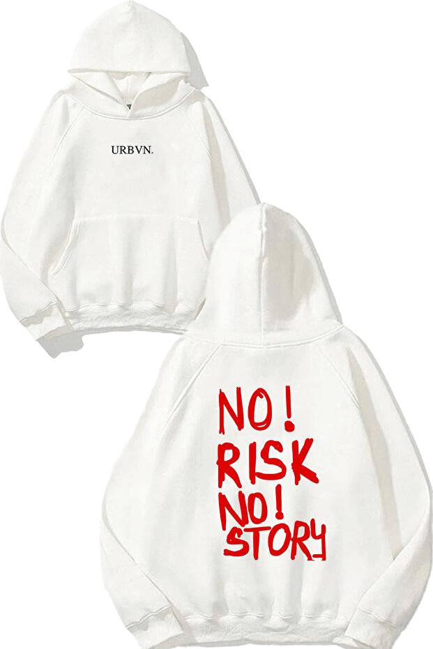 No Risk Design Printed Oversize White Hooded Sweatshirt