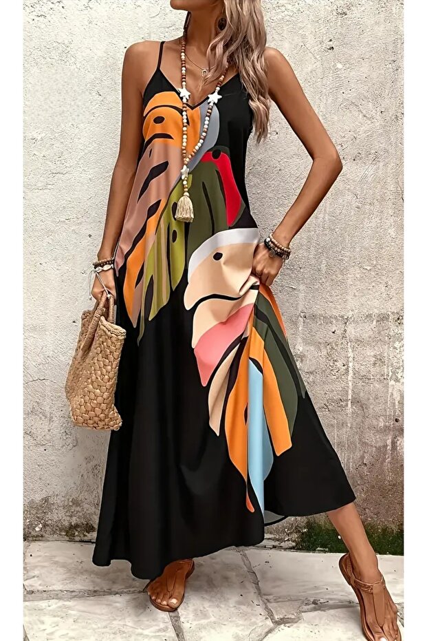 V-Yaka Askılı Elbise - 4