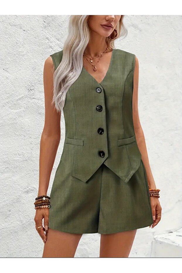 V-Yaka Düğmeli-Şortlu Takım - 3