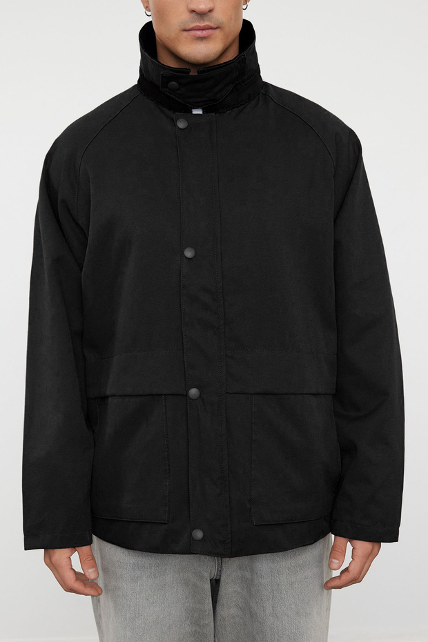 Siyah Regular Fit Kadife Yaka Detaylı Unisex Mevsimlik Mont TMNAW25MO00017 - 7