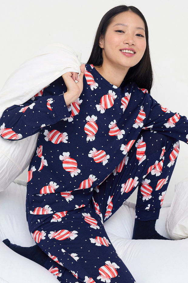 Teen Lacivert %100 Pamuklu Eğlenceli Şeker Baskılı Örme Pijama Takımı THMAW26PT00018
