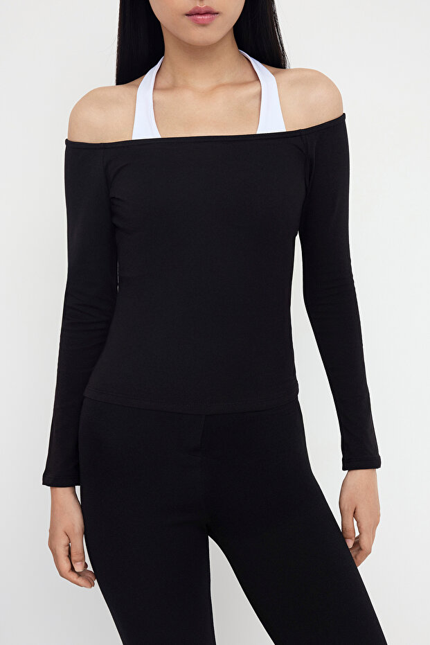 Siyah Fitted/Vücuda Oturan Pamuklu Esnek Örme Bluz TWOAW26BZ00037 - 3