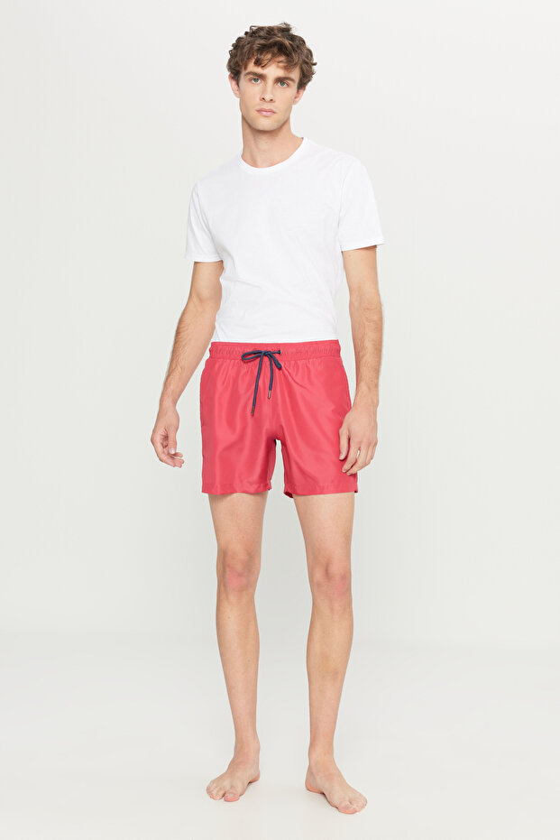 Erkek Kırmızı Hızlı Kuruyan Yan Cepli Desenli Standart Fit Normal Kesim Deniz Şortu Mayo - 3