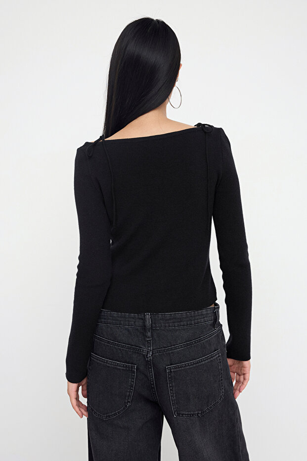 Teen Siyah Premium İplik/Özel İplik Fitted/Vücuda Oturan Crop/Kısa Triko Kazak TWOAW26KZ00017 - 4