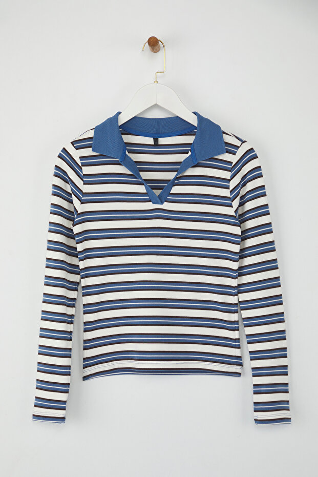 Teen Mavi Çizgili Polo Yaka Fitted/Vücuda Oturan Örme Bluz TWOAW26BZ00034 - 5