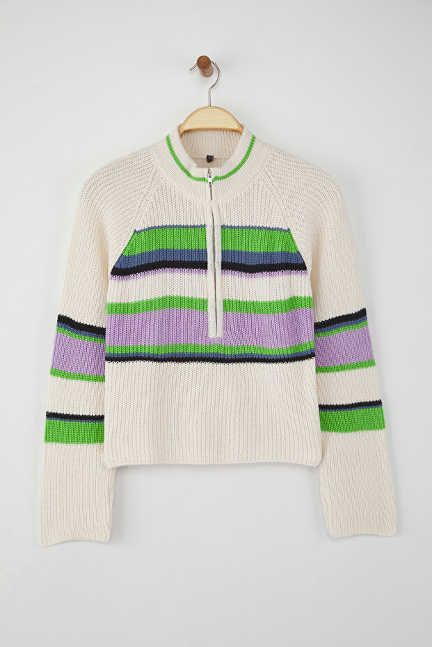 Teen Ekru Fermuar Detaylı Crop/Kısa Triko Kazak TWOAW26KZ00148 - 5