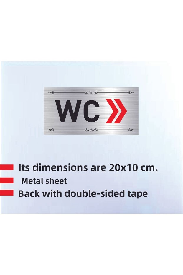 Wc Written Right Arrow Marked Silver Metal Sheet 20 X 10 cm