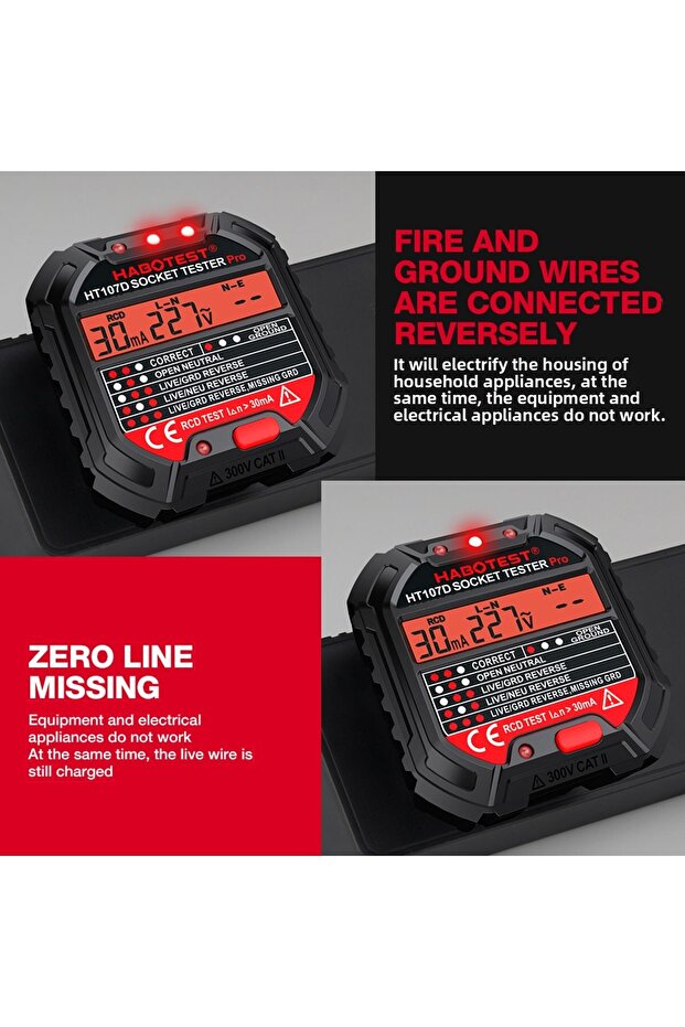 HABOTEST HT107 Socket Tester Pro Voltage Test RCD 5/30mA Socket Detector Ground Zero Line Plug Po... - 7