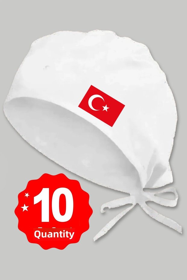 10 Turkish Flag Printed White Special Design Cook and Chef Bonnet