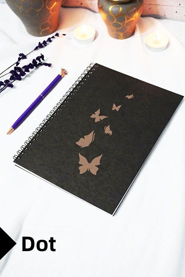 A5 Butterfly Themed Black Kraft Cover Notebook - Dotted Notebook - 60 Sheets (120 Pages) 15X21 cm