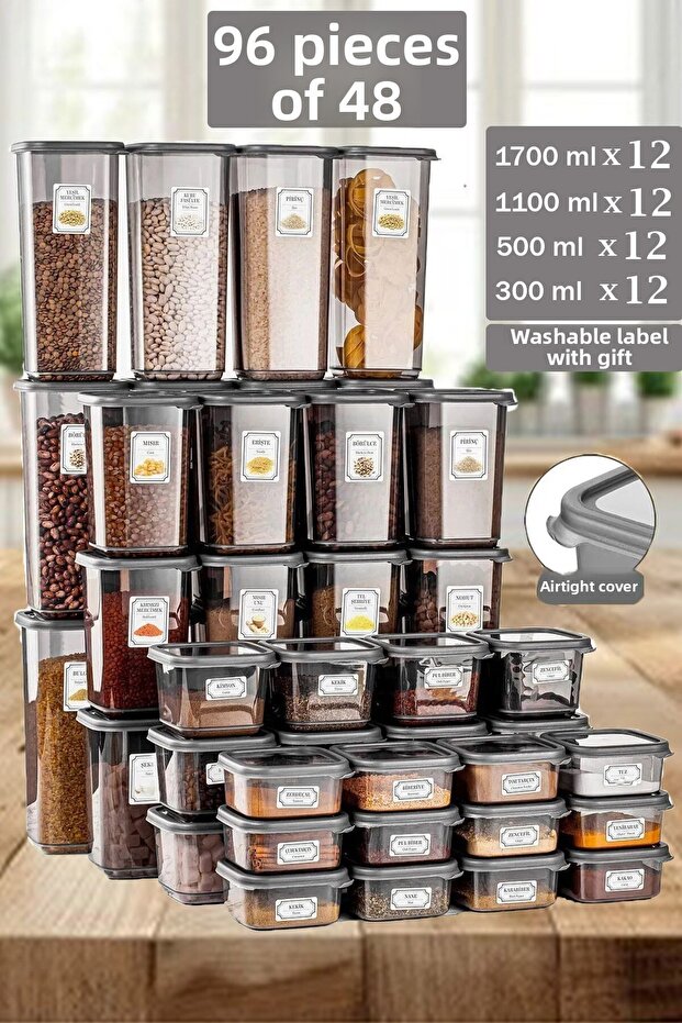 مجموعة من 48 حاوية لتخزين الحبوب والبقوليات خالية من مادة BPA، مكونة من 96 قطعة، مجموعة لتنظيم المطبخ والمخزن - مع ملصقات