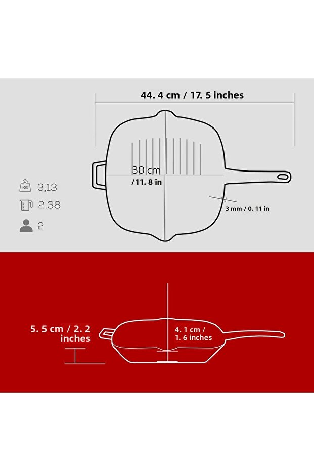 مقلاة شواء مستطيلة الشكل مكونة من 3 أقسام من الحديد الزهر بمقبض صلب الحجم: 26 × 30 سم - 5