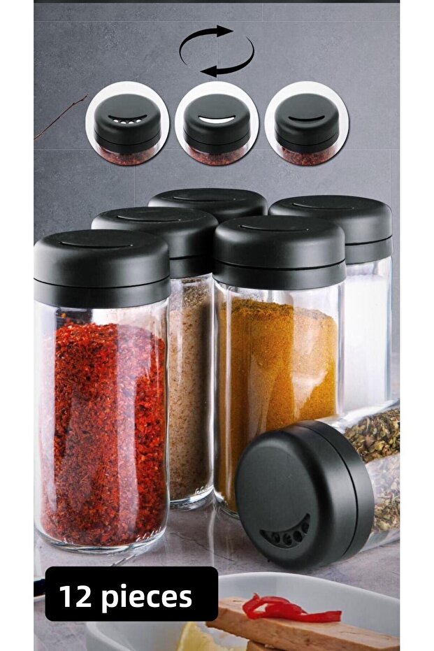 Spice 12-piece rotating lid spice set - glass salt and pepper shaker set 250cc