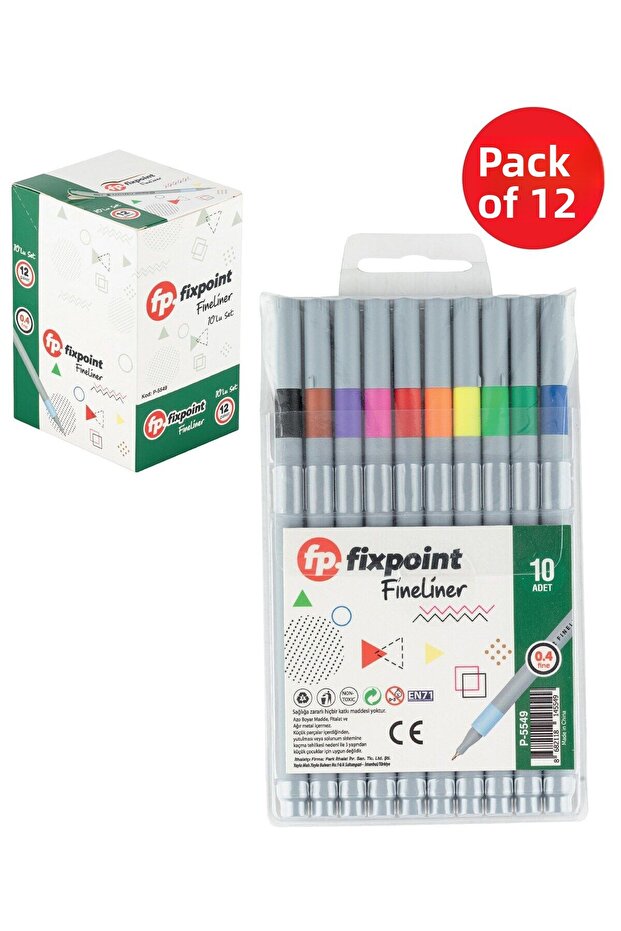 قلم Fineliner باللون الرمادي مقاس 10 عبوات FixPoint P-5549 مكونة من 12 قطعة