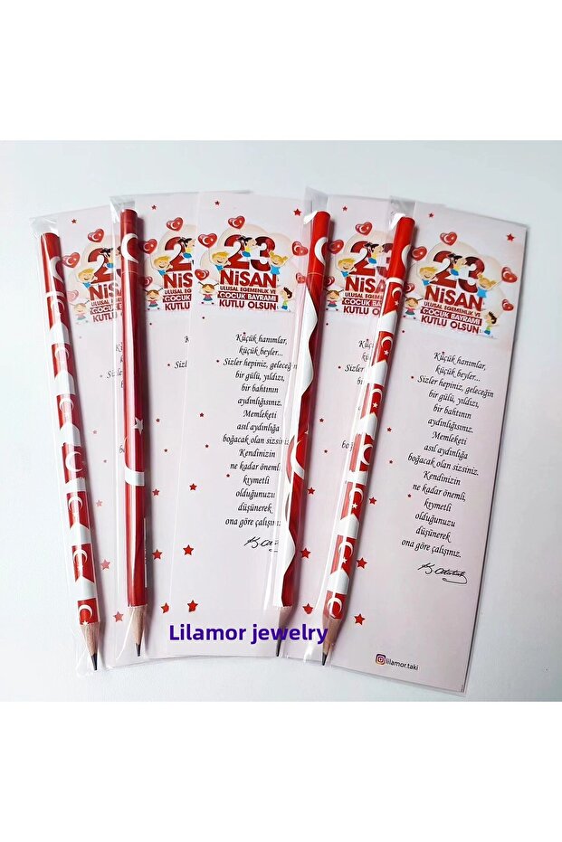 10 Pieces of April 23Rd Gift: Pencil with Turkish Flag and Moon Star Design and Bookmark