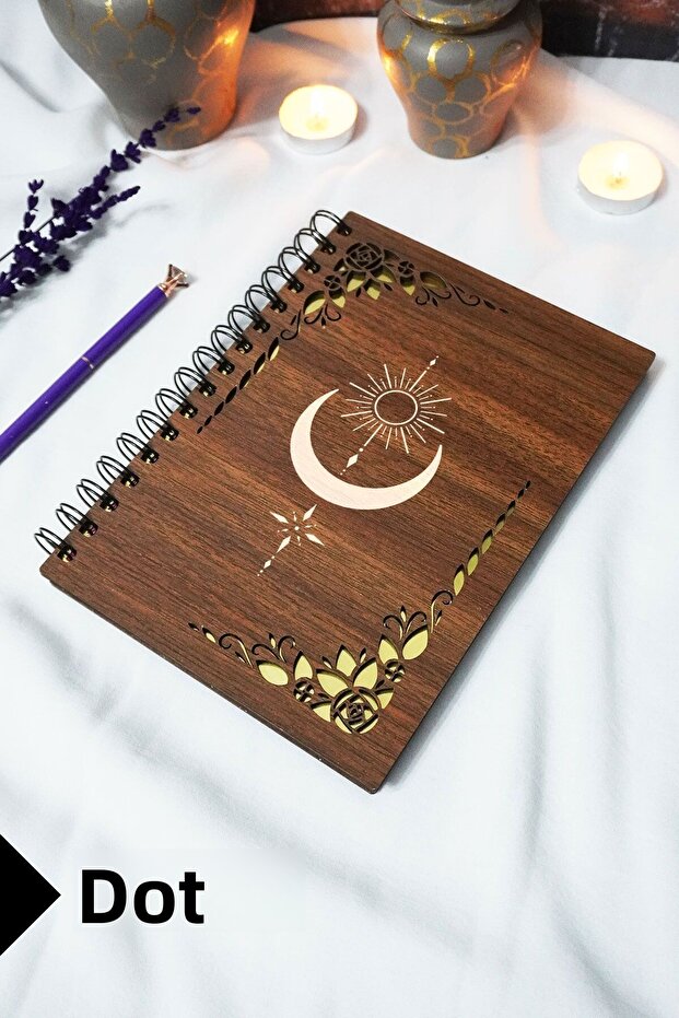 Moon Sun Wooden Cover Spiral Notebook - Dotted Notebook - 60 Sheets (120 Pages) - A5 15X21 cm