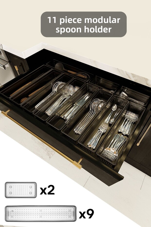 11-Piece Modular Set Cutlery Drawer Organizer Cutlery and Knife Organizer Anthracite