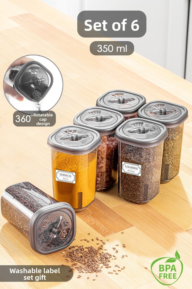6-Piece Spice Jar Set with Label and Lockable Non-Breathable Lid-Spice Jar Storage Container Gray