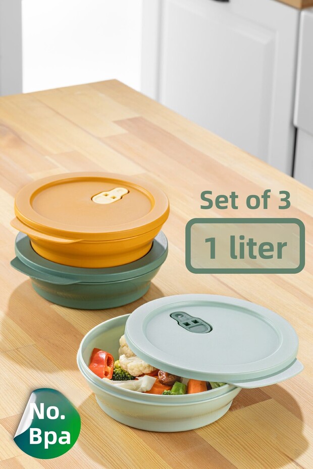 Set of 3 1 Liter Microwave Safe Storage Containers with Colorful Lids